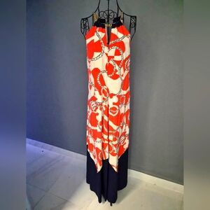 Lilly Pulitzer Red, White and Blue Flowing Dress With Gold Chain Detail